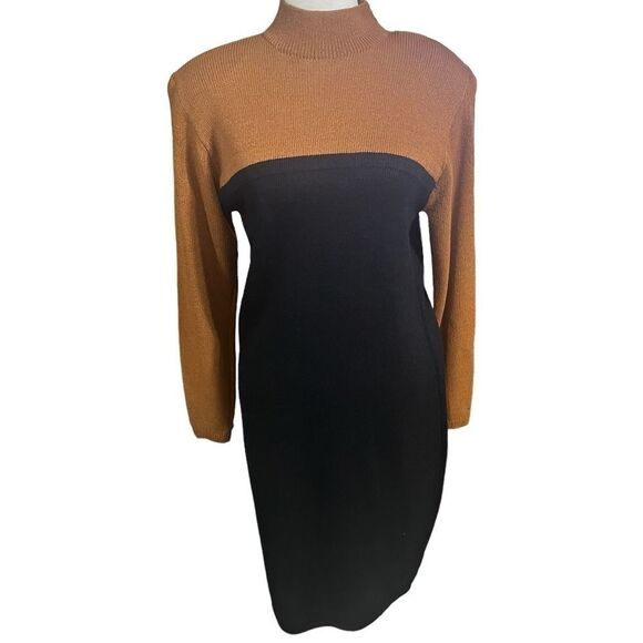 Vintage 80s St. John brown and black knee length dress size 6 mock neck - Picture 9 of 15